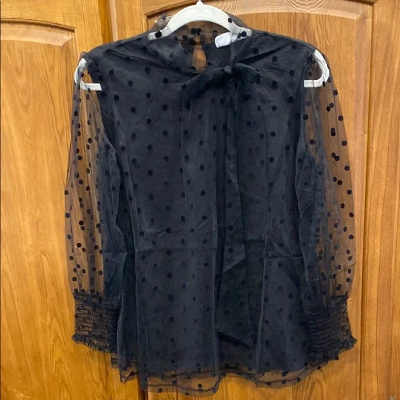 NWOT First Love Black Sheer Polka Dot Blouse size small - Picture 2 of 8